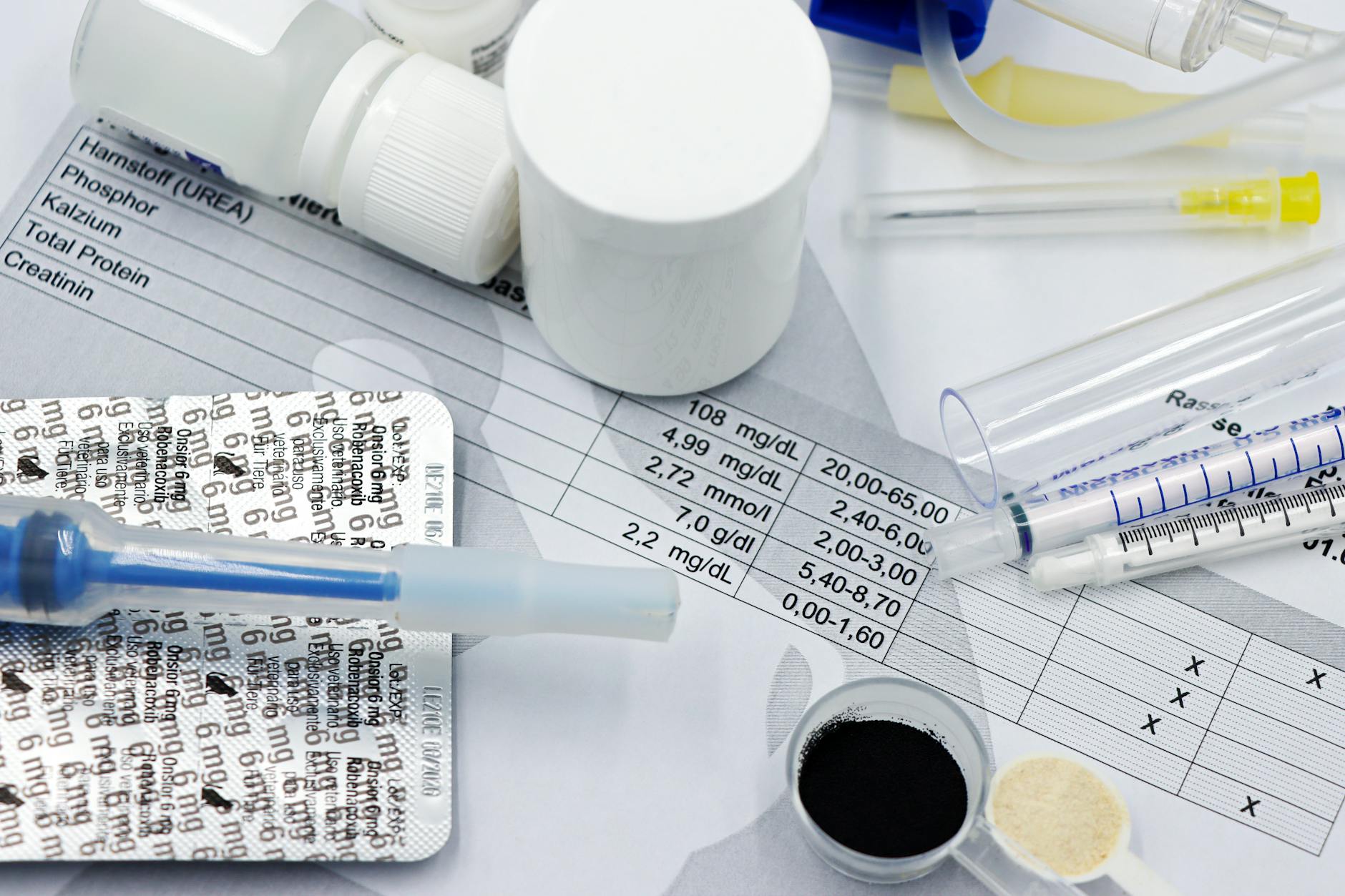 Strzykawki i leki weterynaryjne leżące na wynikach badań krwi